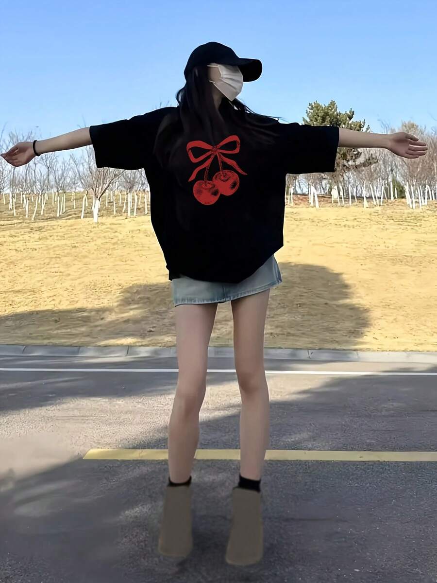 Camiseta de manga corta para mujer, diseño de verano, camiseta ajustada de manga corta con estampado de dibujos animados, camiseta pura de manga corta, top, camiseta interior #3333 - Negro - Ver 1