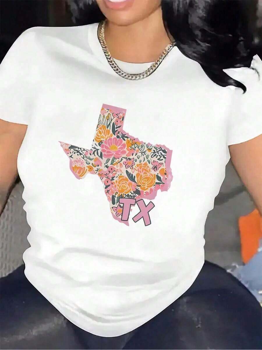 Camiseta De Manga Corta Con Diseño Floral De Texas | Ligera Y Duradera, Perfecta Para Uso Casual En El Hogar, Restaurante O Eventos Al Aire Libre, Ajuste Cómodo Para Uso Diario, Cuello Redondo, Tejido De Elasticidad MediaWomen Standard Size Casual T-Shirt Breathable Lightweight Short Sleeve Tee Blusas Para Mujer Camisa - Blanco - Ver 1
