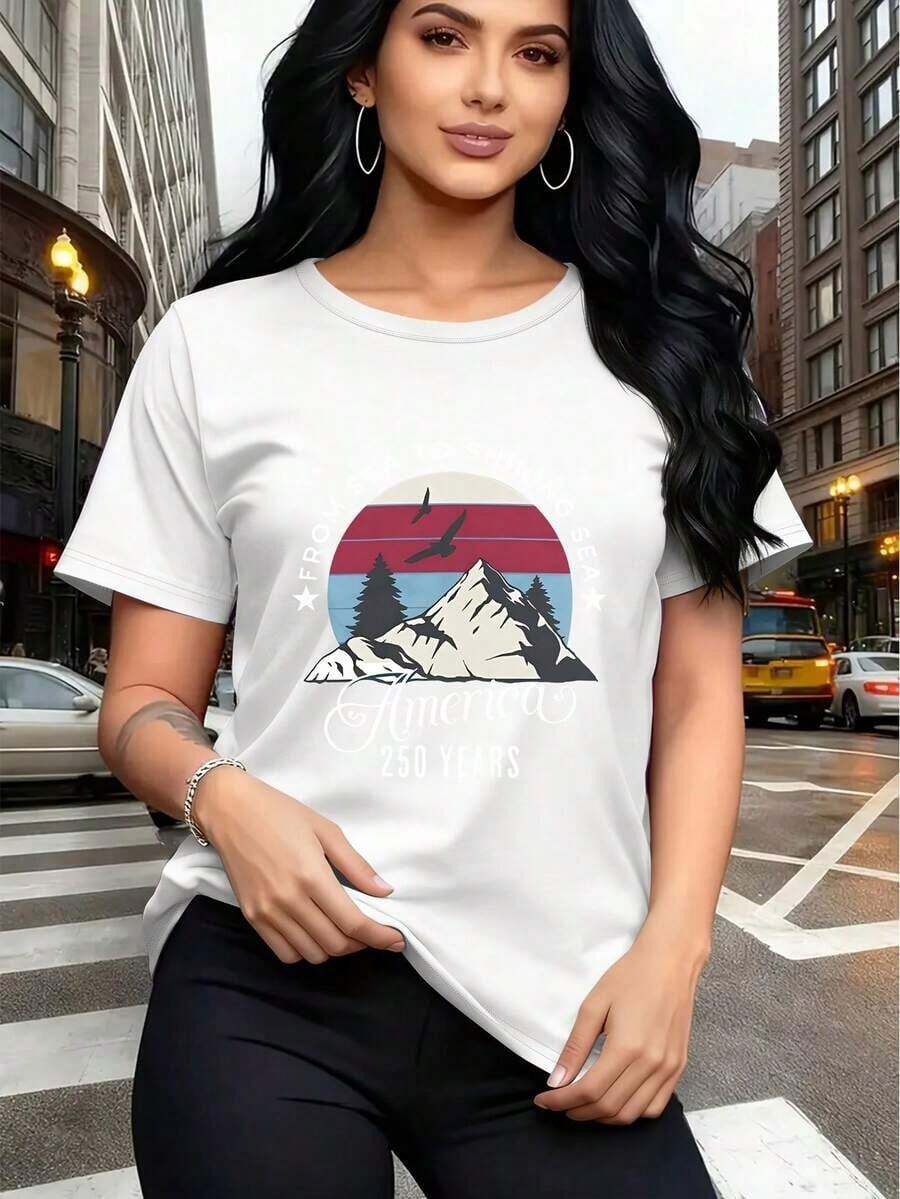 Camiseta de confort americana para mujer, edición 250º aniversario de EE. UU. - Manga corta, cuello redondo, adecuada para uso en exteriores, hogar y uso diario - Camiseta lavable para ir al trabajo y de vacaciones - Diseño 250 años de independencia - Estilo callejero vintage, unisex, holgada, de algodón, manga corta y cuello redondo. - Blanco - Ver 1