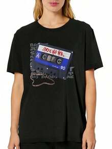 ropa de mujer 80s 90s Old School HIP HOP Camiseta con estampado gráfico de cassettes, grafiti y música rap, manga corta, cuello redondo, top casual para verano y primavera, ropa de mujer camisas de mujer - Negro - Ver 6