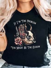 ropa de mujer Camiseta con estampado de bota de vaquero, calavera, rosa y pistola estilo western. Camiseta gráfica para mujer con el mensaje "Si yo soy el problema, tú podrías ser la razón". Atuendos casuales estilo country, moda, camisas de mujer. - Negro - Ver 6