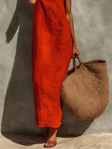Verano De Las Mujeres 2026 Nuevo Vestido Largo Estilo Rojo Sin Tirantes Para Las Vacaciones, Vestido De Lino De Color Puro Para Las Mujeres - Rojo - Ver 2