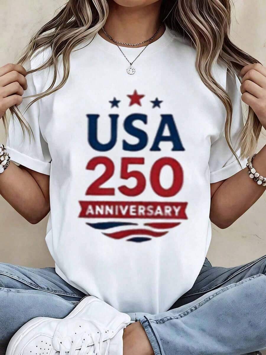 Women's Patriotic 250th Anniversary Independence Day Celebration T-Shirt, Casual American Flag Design, For 4th Of July Party - 白色 - 查看 1