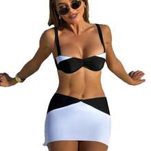 Nuevo traje de baño de tres piezas, moderno y sexy, para mujer, bikini de dos piezas, traje de baño de gran . - 9294 Juego de tres piezas en blanco y negro - Ver 6