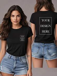 [Valentine's Day Edition] Customizable Women's T-Shirt - Double-Sided Print, Casual Crew Neck, Short Sleeve, Lightweight, Perfect For Spring/Summer/Autumn, Available In Sizes S-XXL, Soft And Lightweight Fabric, Valentine's Day Gift, Stylish T-Shirt - 黑色 - 查看 1