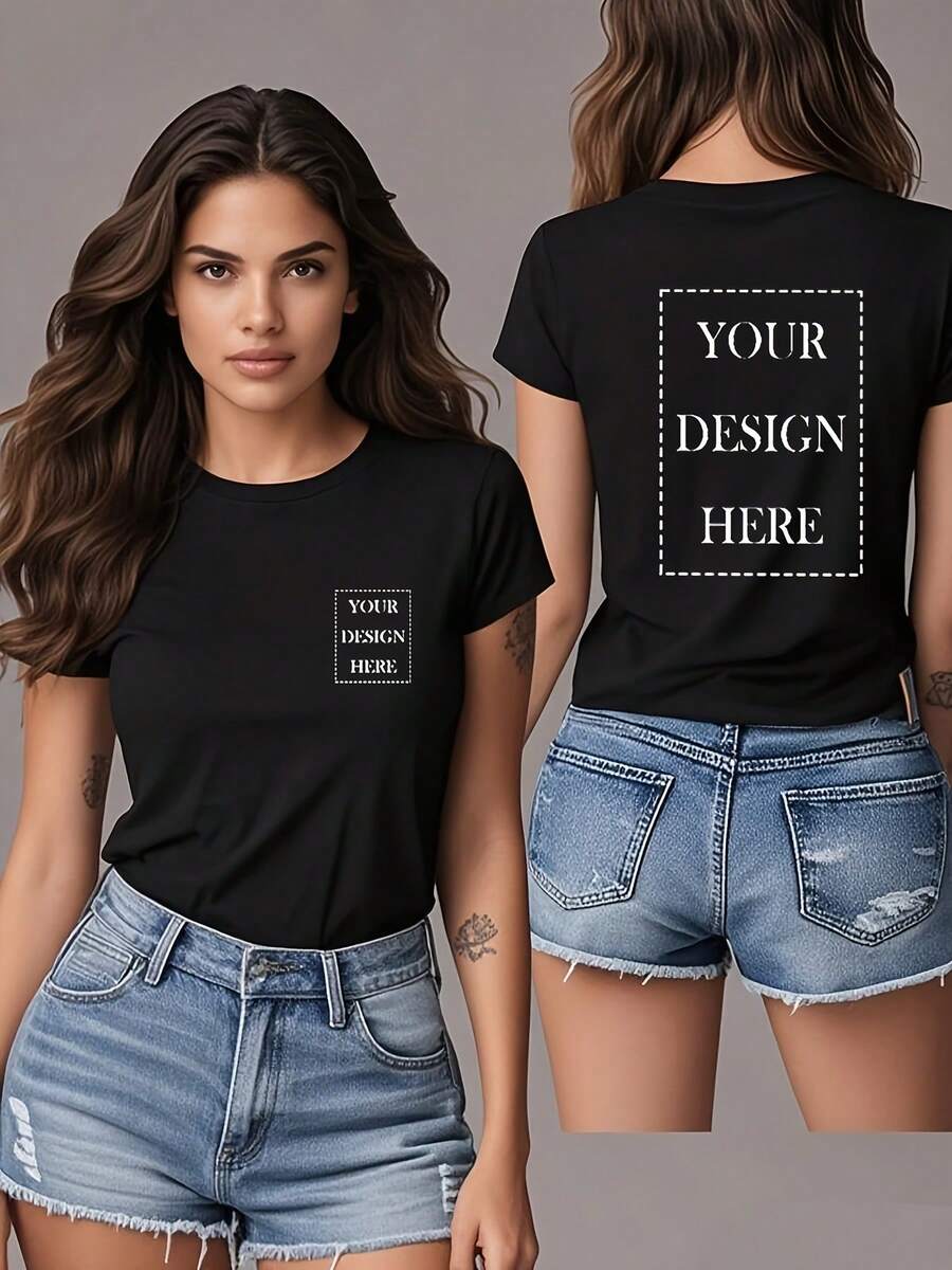 [Valentine's Day Edition] Customizable Women's T-Shirt - Double-Sided Print, Casual Crew Neck, Short Sleeve, Lightweight, Perfect For Spring/Summer/Autumn, Available In Sizes S-XXL, Soft And Lightweight Fabric, Valentine's Day Gift, Stylish T-Shirt - 黑色 - 查看 1