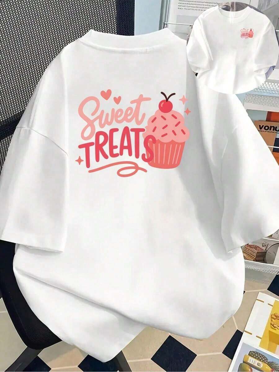 Camiseta de manga corta estampada con diseños frontales y traseros - Estilo dulce y lindo - Camiseta estampada para mujer de primavera/verano, ¡tu mejor elección! Transpirable y cómoda. - Blanco - Ver 1
