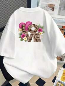 Camiseta de manga corta estampada con diseños frontales y traseros - LOVE, estampado de leopardo - Camiseta estampada de primavera/verano para mujer, ¡tu mejor elección! Transpirable y cómoda. - Blanco - Ver 2