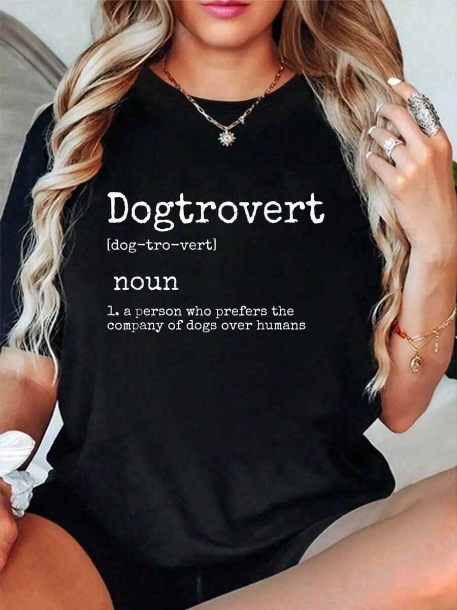 100% Cotton Loose Fit T-Shirt With Dogtrovert Definition Print, Funny Dog T-Shirts, Vintage Relaxed Fit T-Shirt For Women, Premium Soft Printed T-Shirts, Crew Neck T-Shirts, Basic Cotton Crew Neck T-Shirt For Women. - 黑色 - 查看 1