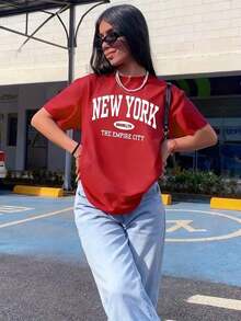 Camiseta Holgada Sencilla Mujer Estilo Moderno Camisetas Gráficas para Mujer: Camiseta Estampada NEW YORK BROOKLYN THE EMPIRE CITY |     Transpirable, ligera, cómoda, camiseta casual de cuello redondo, ideal para primavera/verano, moderna y elegante.100% algodón.Camiseta Mujer Estampado Gráfico  Verano 2026 - Rojo - Ver 5