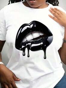 Plus Size Women's T-Shirt With Oversized Lips Print - Featuring A Glossy Lips Design, Breathable Crew Neck, Short Sleeves, Casual Top, Suitable For All Seasons, Ideal For Casual And Eye-Catching Outfits, Versatile Basic T-Shirt To Wear Layered Or As A Standalone Garment. - 白色 - 查看 6