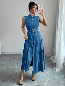 Women's Single-Breasted Sleeveless Shirt Dress With Ruffled Hem In Solid Color - Blue - View 8