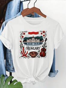 Camiseta de algodón puro con motivos folclóricos húngaros, diseños de violín y flores, símbolos culturales de Europa del Este, patrones de diseño creativo, camiseta estampada de cuello redondo para mujer, ideal para uso diario informal, versátil para vacaciones, fiestas, regalos, compras, reuniones y salidas, elegante, estilosa y vintage. - Blanco - Ver 8