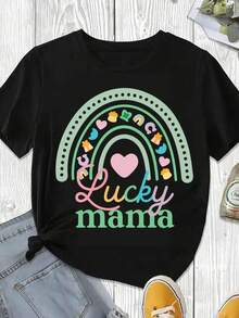 Elegante y casual para mujer, manga corta, camiseta Lucky Mama para el Día de San Patricio con estampado de corazón arcoíris y símbolos, ropa casual blanca para mujer, primavera verano. - Negro - Ver 3