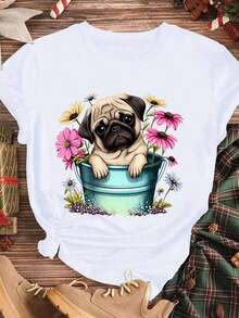 Elegante y casual para mujer, manga corta, camiseta con estampado de perro pug en un cubo y jardín de flores, ropa casual de verano, top blanco para mujer para salidas diarias y temporada de primavera. - Blanco - Ver 3