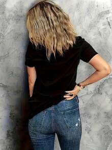 Camiseta de algodón puro para mujer, estampado casual de gato, cuello redondo, manga corta - primavera/verano, tela de elasticidad media, lavable a máquina, material no transparente, corte regular, diseño con estampado de animales, estilo pullover, tela opaca, ropa moderna y a la moda, transpirable y cómoda. - Negro - Ver 3