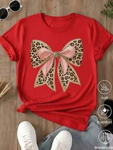 Mexican Basic 2026 Women's Black T-Shirt With Large Leopard Print Bow Graphic And Pink Bow, Coquette Aesthetic Short Sleeve Style T-Shirt, Modern Urban Fashion Top, Chiccool New Launch Casual Blouse - 紅色 - 查看 6