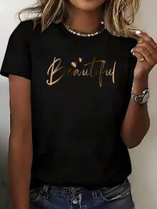 Soft, Breathable, And Lightweight For All-Day Comfort. This Plus-Size Casual T-Shirt Is Stylish For Spring/Summer, Featuring A Crew Neck, 100% Cotton, And A Letter Print. It's Soft And Comfortable To Wear. The Classic Crew Neck And Relaxed Fit Flatter All Body Types And Are Easy To Pair With Jeans, Shorts, And Leggings. - 黑色 - 查看 8