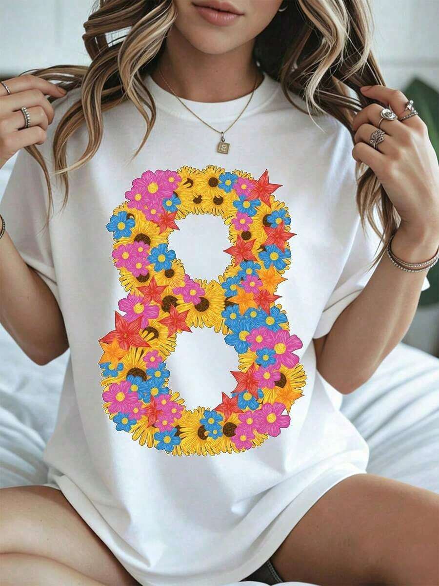 Elegante y casual para mujer, manga corta, camiseta con estampado floral del número ocho, celebración de cumpleaños, estampado de girasol y estrellas, ropa casual blanca para primavera y verano. - Blanco - Ver 1