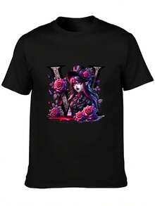 Tallas Grandes - Camiseta Gótica para Mujer - Estilo gótico de vampiro emocionante, rosas moradas, tela brillante y transpirable, disponible en tallas 0XL-5XL - Perfecta para Halloween, cosplay y ropa de calle diaria, disfraz de Halloween, estampado audaz, ajuste cómodo, top de acento, blusas negras de algodón para mujer, moda alternativa. - Negro - Ver 4