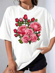 Camiseta Negra y Blanca para Niña, Camiseta Blanca de Talla Grande con Estampado Floral de Rosas Rosadas para Uso Casual, Fiesta al Aire Libre, Camiseta Estampada Casual de 180g - Blanco - Ver 7