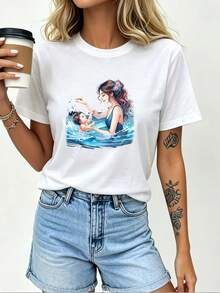 Camiseta con diseño de dibujos animados "Amor Maternal", camiseta casual suave de 180g para mujer, perfecta para momentos de unión familiar, baby showers o como regalo de cumpleaños-también ideal para festivales de música de verano y actividades de team building en la oficina. - Blanco - Ver 1