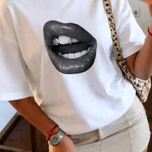 Retro Lips Print Sexy Short Sleeve 100 Percent Cotton Breathable Crew Neck T Shirt TopCamiseta Algodón Ropa Casual - Blanco - Ver 6