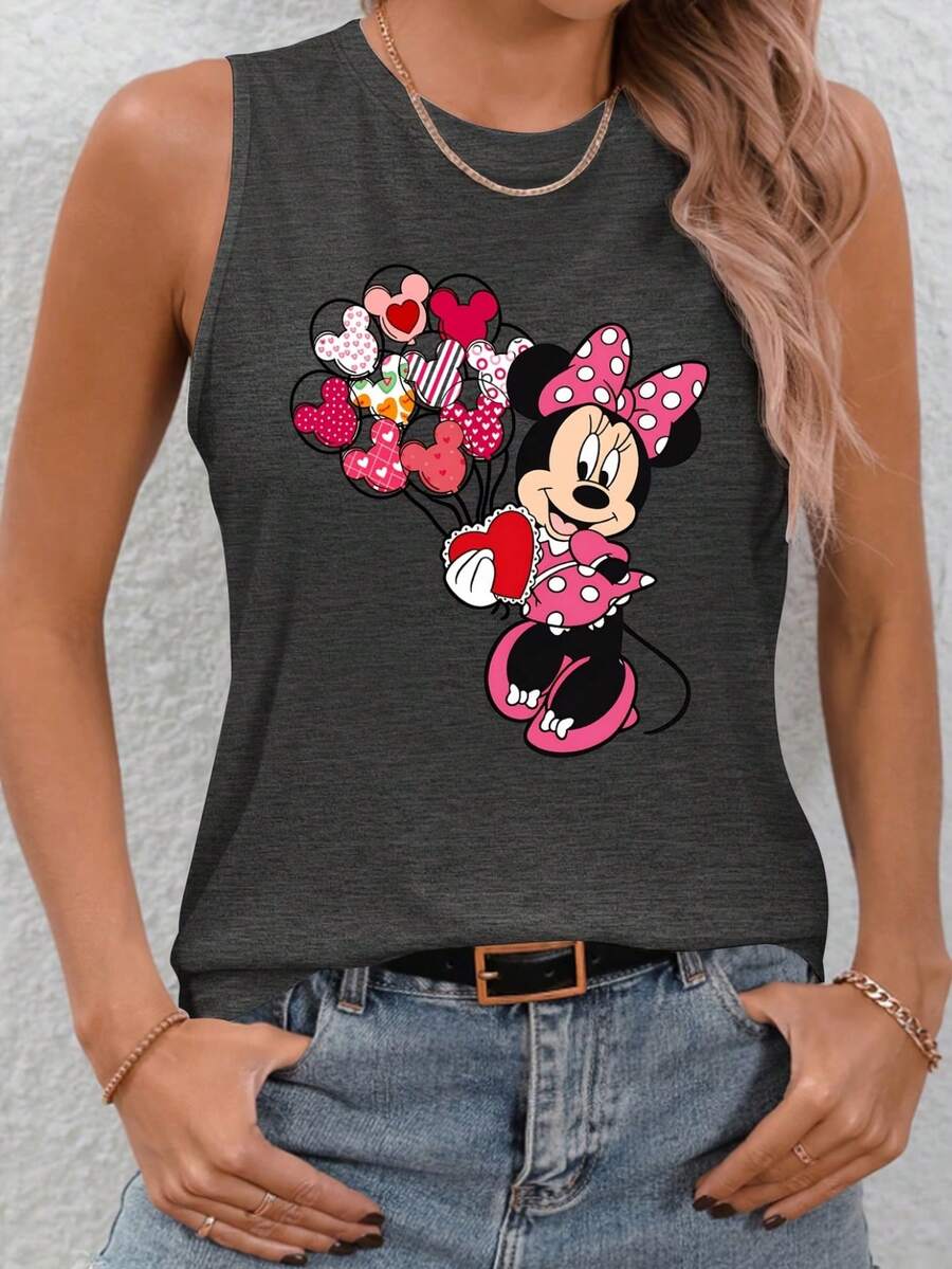 Disney Official Minnie Mouse Sleeveless Vest With Heart-Shaped Balloon And Minnie Pattern, Soft And Breathable, Suitable For Spring, Summer And Autumn, S-XXL Size, Casual Round Neck, Suitable For Daily Wear And Vacation. - 深灰色 - 查看 1