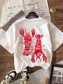 Women's Retro Summer T-Shirt, Y2K Style, Pink With Lobster Design, For Beach, Summer Club, Casual, Round Neck, Short Sleeve, Plus Size, Concert Wear, Graduation Season Wear - 白色 - 查看 2