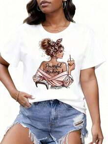 Camiseta GráFica "Mujer Poderosa En Proceso De Desarrollo" Para Mujer, Corte Holgado Casual, Blanca, Con DiseñO De Chica De Dibujos Animados Y Frase Inspiradora, Top De Moda - Blanco - Ver 8