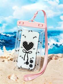 New Black Heart-Shaped Pearl Bow Pattern Waterproof Phone Pouch, Waterproof Phone Case, Summer Outdoor Sports Waterproof Bag, Rafting Diving Swimming Waterproof Bag, Universal PVC Waterproof Phone Protective Case, Underwater Dry Bag Protective Cover - Multicolor - View 1
