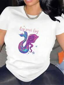 Women's Short-Sleeved Polyester T-Shirts For Home And Lounge Use, Featuring A Durable, Lightweight Design And A Vibrant Mermaid Graphic Print, Ideal For Comfortable, Casual Everyday Wear. - 白色 - 查看 7
