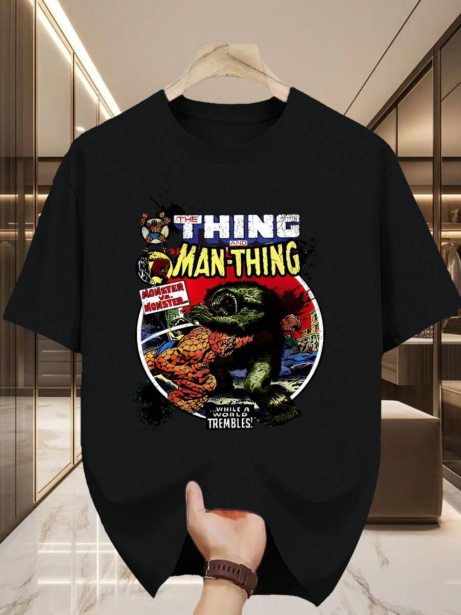 Camiseta de cuello redondo estilo cómic retro: Monster War - The Thing vs. Man-Thing, una prenda imprescindible de moda urbana, camiseta de mujer, precio superior, camiseta de mujer. - Negro - Ver 1