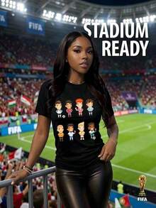 100% Cotton T-Shirt With Cartoon Football Character Print, World Cup Theme - 黑色 - 查看 3