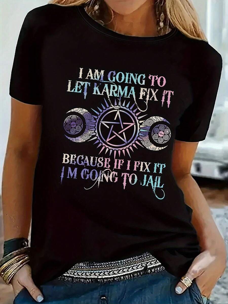 Camiseta con Estampado Gráfico, Manga Corta, Cuello Redondo, Top Casual, Ropa de Mujer - Negro - Ver 1