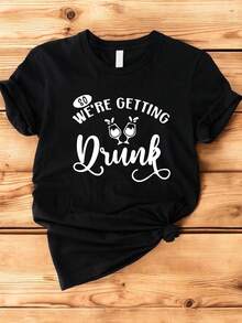 Camiseta Divertida para Fiesta de Bodas WoWoWomen, Negra con Texto Blanco, Cuello Redondo Casual, Diseño Divertido, Ajuste Cómodo, para Celebración de Bodas, Despedida de Soltera, Salida Nocturna, no incluye pantalones. - Negro - Ver 1