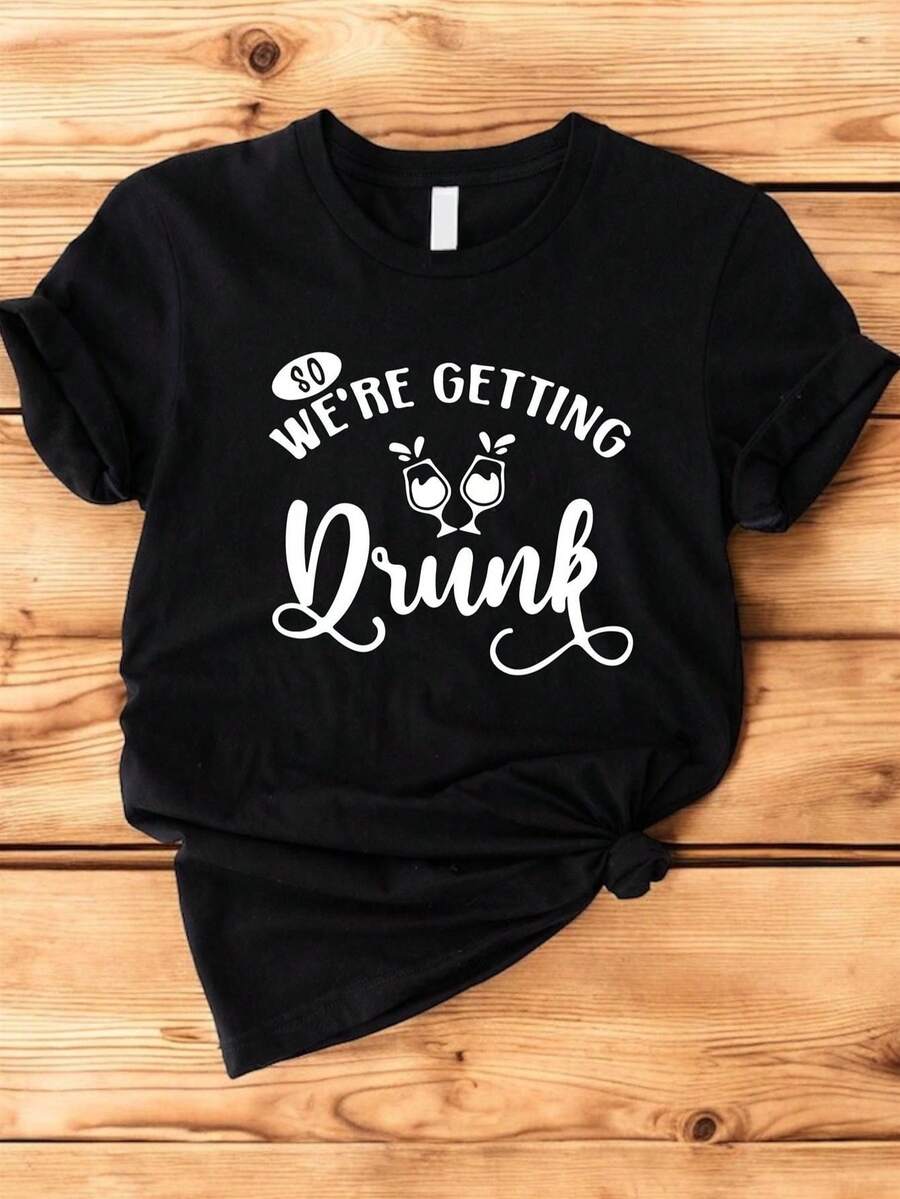Camiseta Divertida para Fiesta de Bodas WoWoWomen, Negra con Texto Blanco, Cuello Redondo Casual, Diseño Divertido, Ajuste Cómodo, para Celebración de Bodas, Despedida de Soltera, Salida Nocturna, no incluye pantalones. - Negro - Ver 1