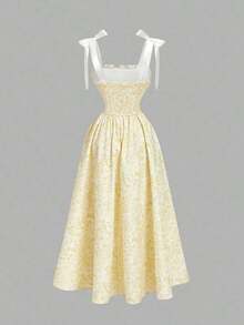 MOD Vestido largo con estampado floral y tirantes con lazo para mujer, ideal para primavera, graduación, vestidos modestos para mujer, vestidos para vacaciones de primavera - amarillo ganso - Ver 2