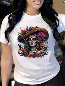 Camiseta ligera para mujer, 180g, 100% mexicana, con estampado del Día de Muertos - Diseño brillante de Calavera Catrina, calavera de azúcar y caléndula, corte holgado, cuello redondo, mangas cortas, adecuada para uso casual y festivo, ideal para celebraciones del Día de Muertos, tela transpirable y que absorbe la humedad, lavable a máquina, cómoda para todas las estaciones, estampado floral y de calaveras, ropa para celebraciones culturales, tela suave. - Blanco - Ver 7