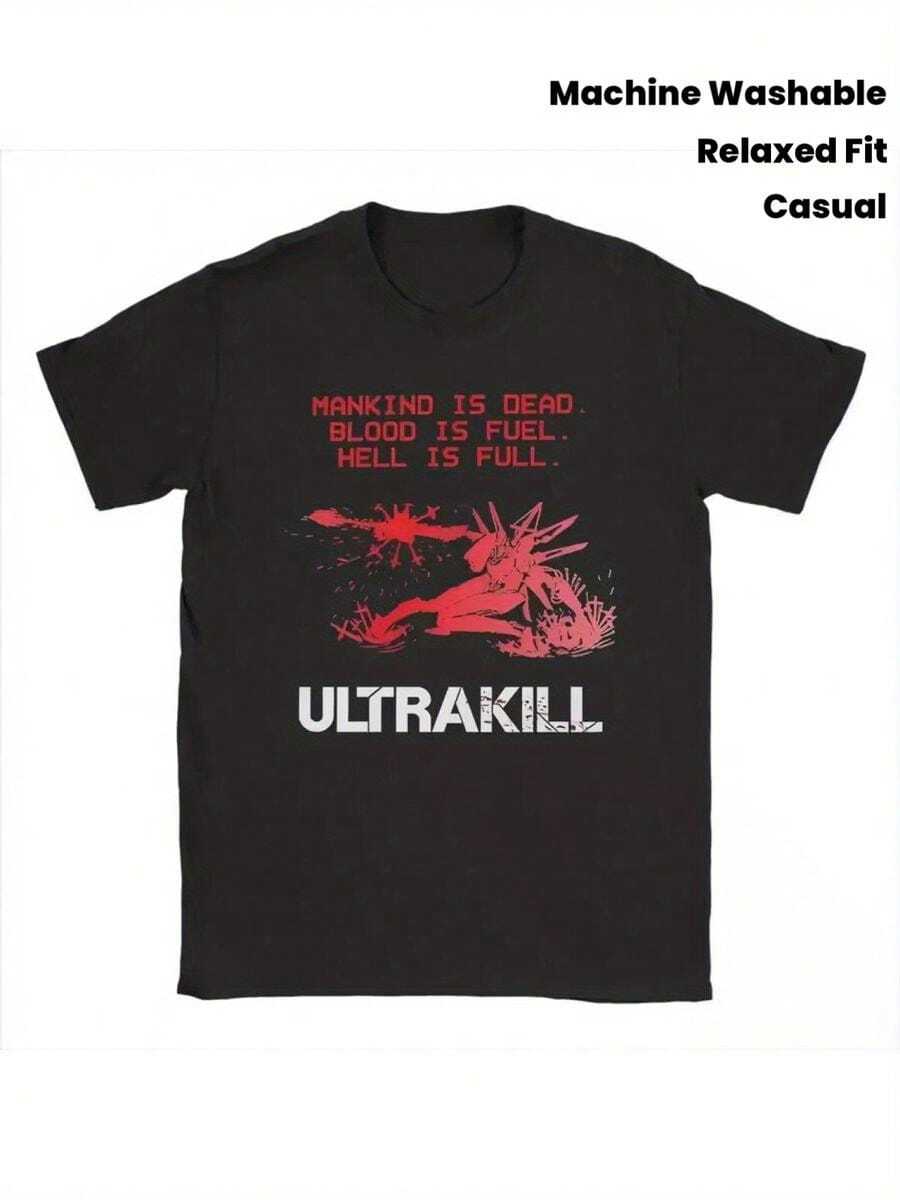 Camiseta de Algodón Ultrakill para Hombre - Estilo Relajado con Cuello Redondo, Estampado de Dibujos Animados y Texto Rojo en Negrita, Lavable a Máquina, Camiseta Casual para Todas las Estaciones, Est - Negro - Ver 1
