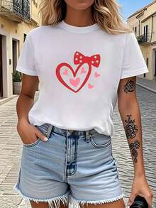 Camiseta de Moda con Estampado de Corazón y Lazo para el Día de San Valentín, Top de Manga Corta para Mujer para el Día de San Valentín, Top Lavable a Máquina, el Regalo Perfecto para Amigas Durante la Temporada Festiva - Blanco - Ver 1