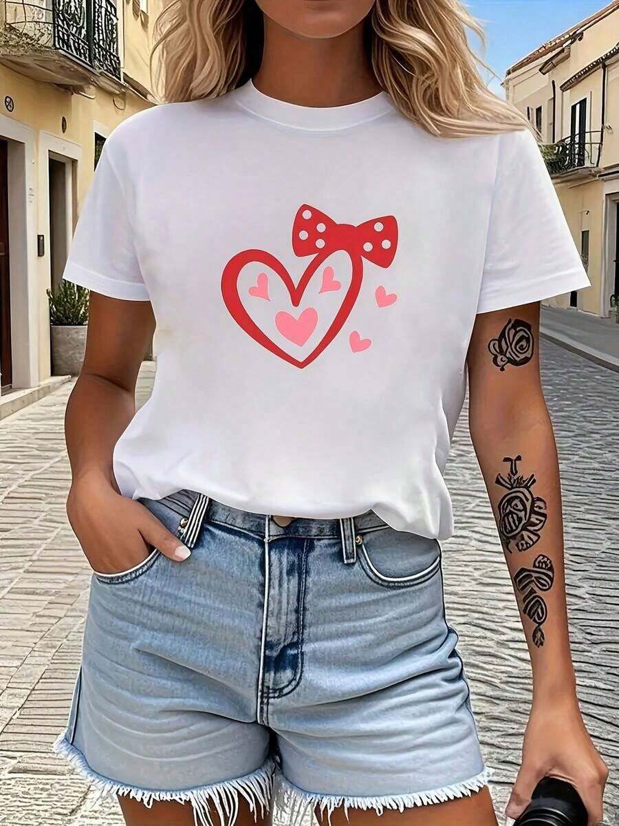 Camiseta de Moda con Estampado de Corazón y Lazo para el Día de San Valentín, Top de Manga Corta para Mujer para el Día de San Valentín, Top Lavable a Máquina, el Regalo Perfecto para Amigas Durante la Temporada Festiva - Blanco - Ver 1