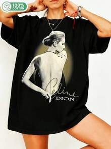 Dion Pop Music Legend Fan Art T-Shirt, Vintage Back View Portrait With Golden Signature, Elegant Retro Style, Unisex Oversized 100% Cotton Crew Neck Casual Streetwear Celebrity Fan Shirt. - Black - View 6