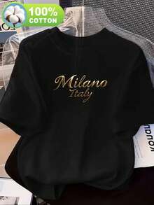 Women's Casual T-Shirt With A Round Neck And Short Sleeves, 100% Pure, Perfect Choice For Spring And Summer, Everyday T-Shirt With A Metallic "Milano Italy" Print | Lightweight Fabric, Loose-Fitting Casual Top For Everyday Wear, Breathable And Comfortable, An Essential For Everyone - 黑色 - 查看 6
