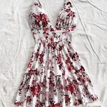 Vacation Spaghetti Strap V-Neck Hollow-Out Backless Floral Print Dress,Summer Dresses For Women - Burdeos - Ver 5