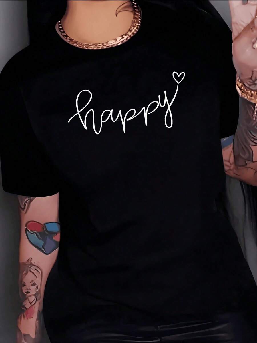 Word Written With A Soft Stroke That Conveys Joy, Optimism And Positive Energy, Accompanied By A Small Heart, A Symbol Of Love And Well-Being. A Modern, Casual Women's T-Shirt, Ideal For Happy Days. - 黑色 - 查看 1