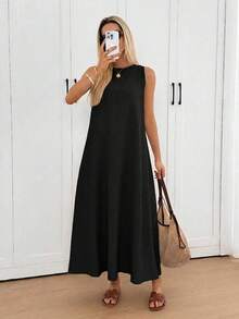 Vestido midi holgado sin mangas con espalda plisada, bajo irregular, silueta en A, tela de crepé texturizada, uso casual, relajado y elegante para la oficina/vacaciones para mujeres, primavera/verano - Negro - Ver 3