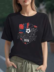 Bandera rota de Noruega con león y balón de fútbol que simboliza fuerza y pasión por el deporte y orgullo nacional camiseta de mujer 100% algodón cómoda y moderna 136g - Negro - Ver 1