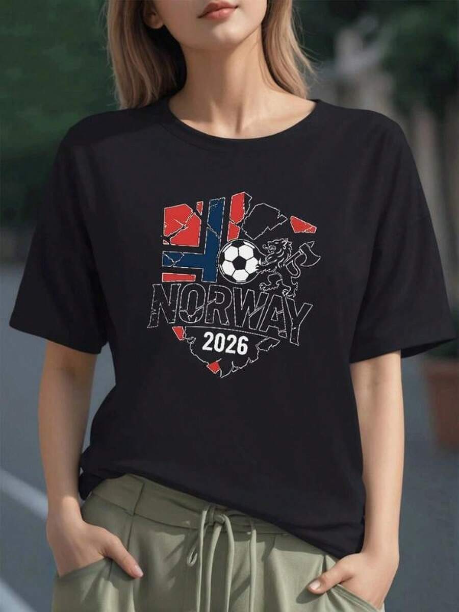 Bandera rota de Noruega con león y balón de fútbol que simboliza fuerza y pasión por el deporte y orgullo nacional camiseta de mujer 100% algodón cómoda y moderna 136g - Negro - Ver 1