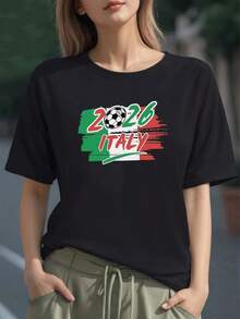 Bandera italiana con balón de fútbol y texto 2026 Italy que simboliza la pasión deportiva y el orgullo nacional camiseta para mujer 100% algodón suave y cómoda para uso casual - Negro - Ver 6